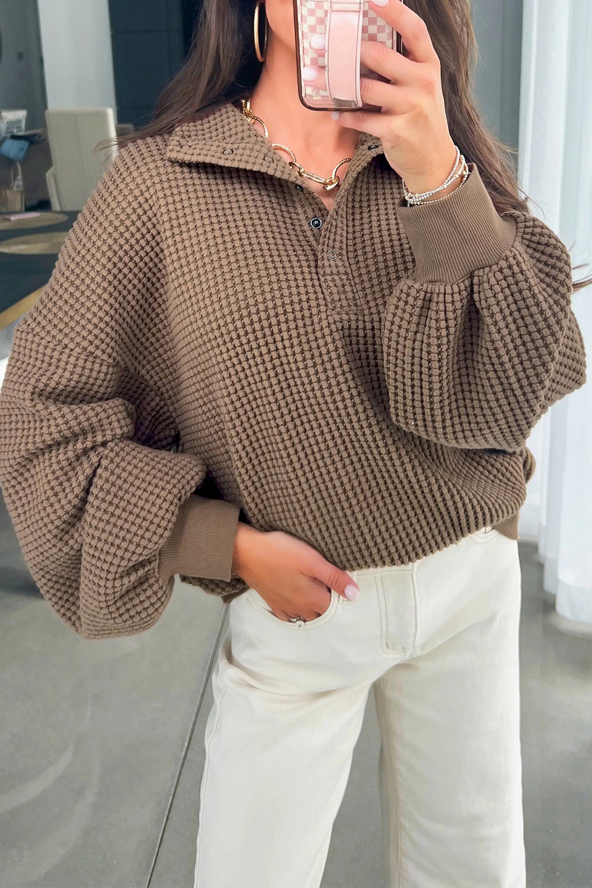 Textured Snap Button Collared Baggy Top
