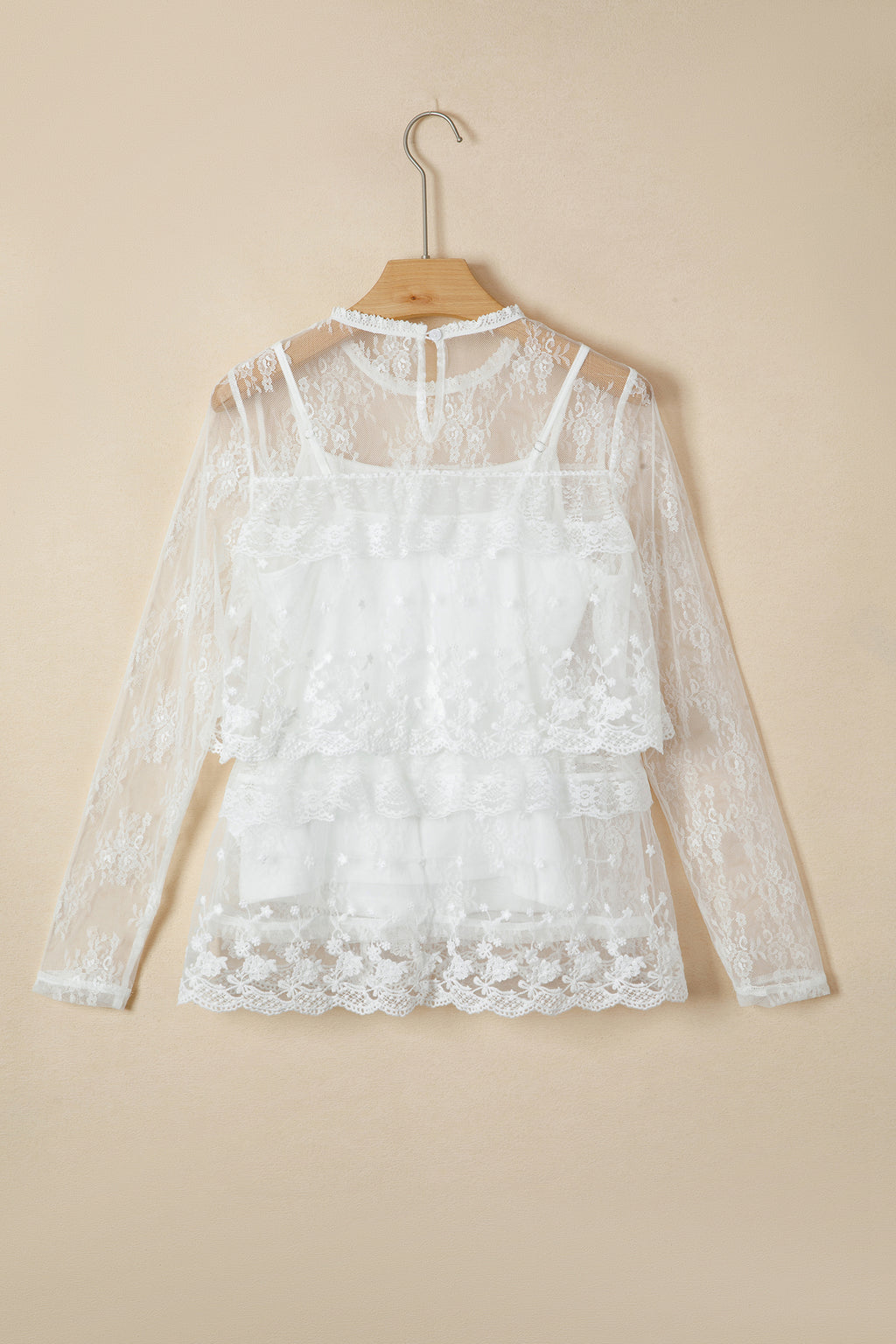 White 2-Piece Sheer Floral Lace Ruffle Tiered Blouse Set