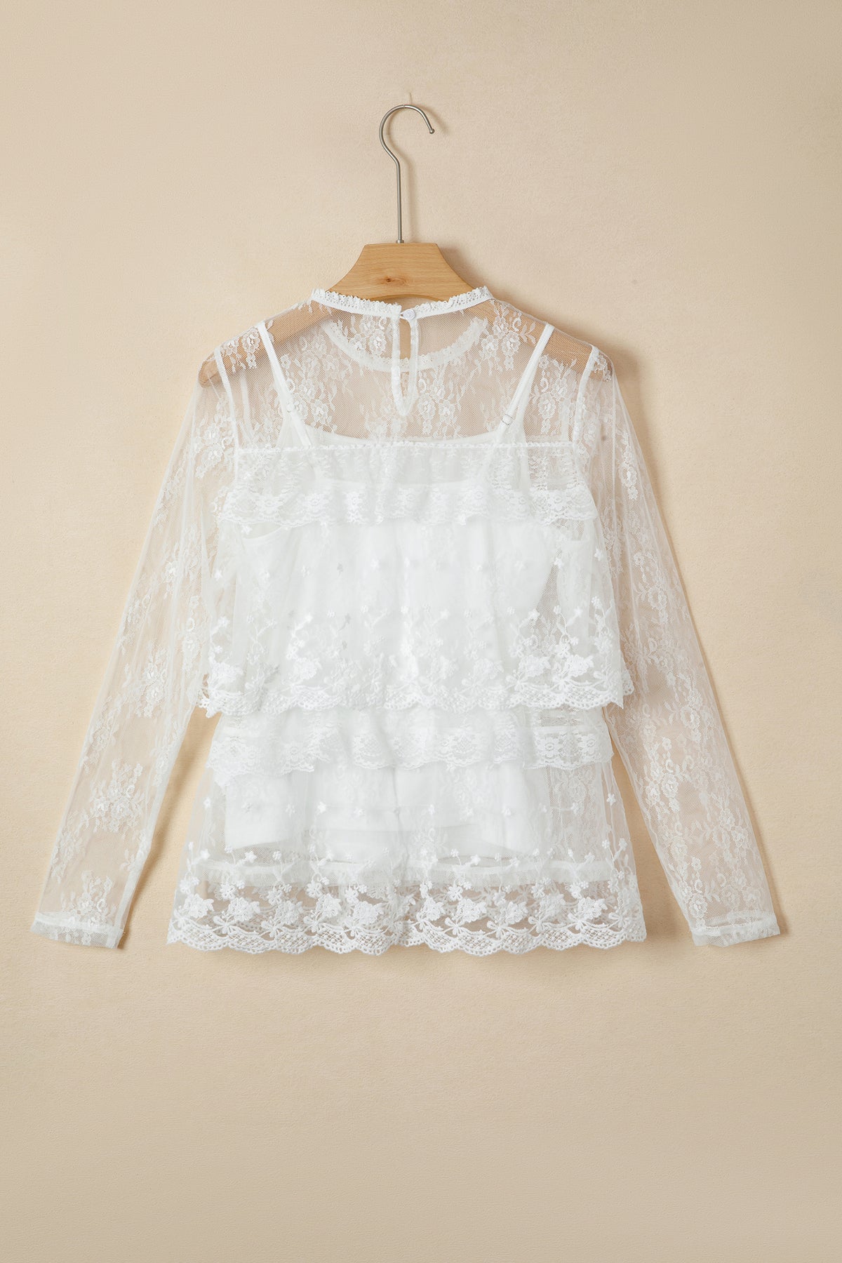 White 2-Piece Sheer Floral Lace Ruffle Tiered Blouse Set