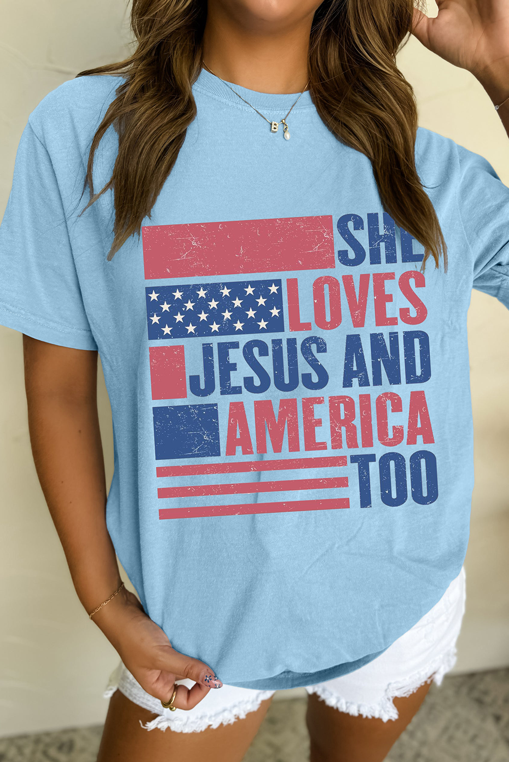 Light Blue "She Loves Jesus and America Too" Flag Graphic Tee