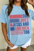 Light Blue "She Loves Jesus and America Too" Flag Graphic Tee