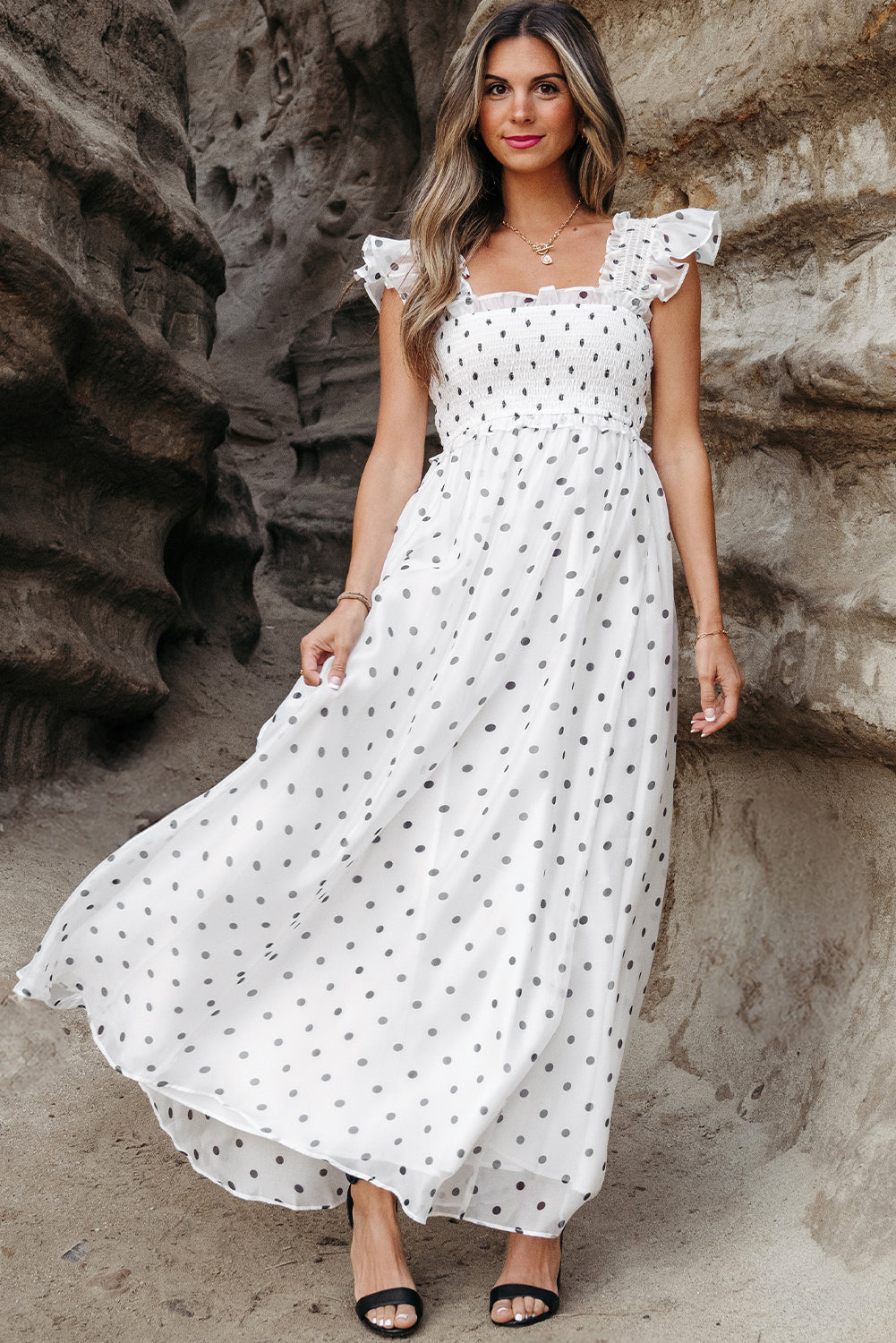 Sarai Polka Dot Smocked Maxi Dress-3