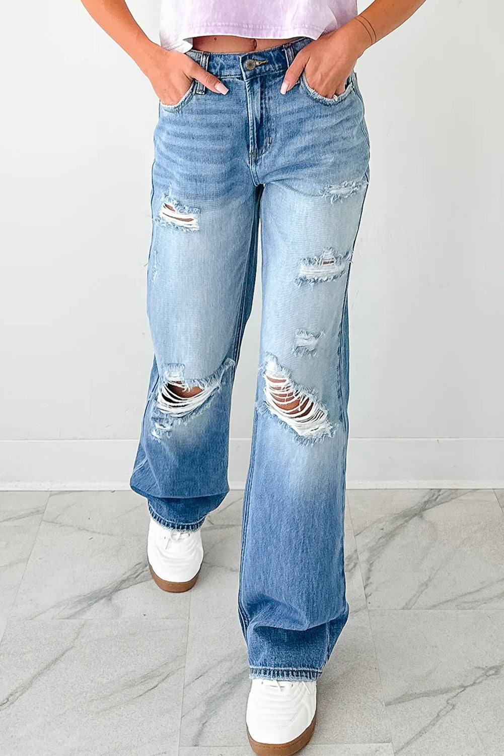 Mid Rise Distressed Straight Leg Jeans