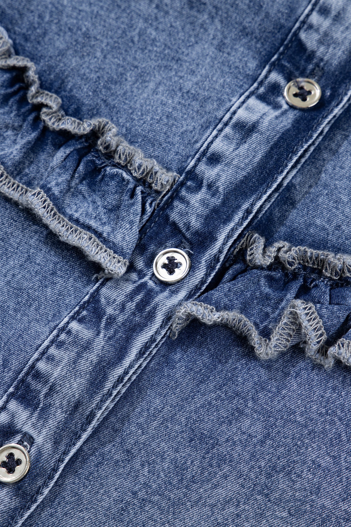 Vintage Wash Denim Ruffle Detail Button Down Shirt