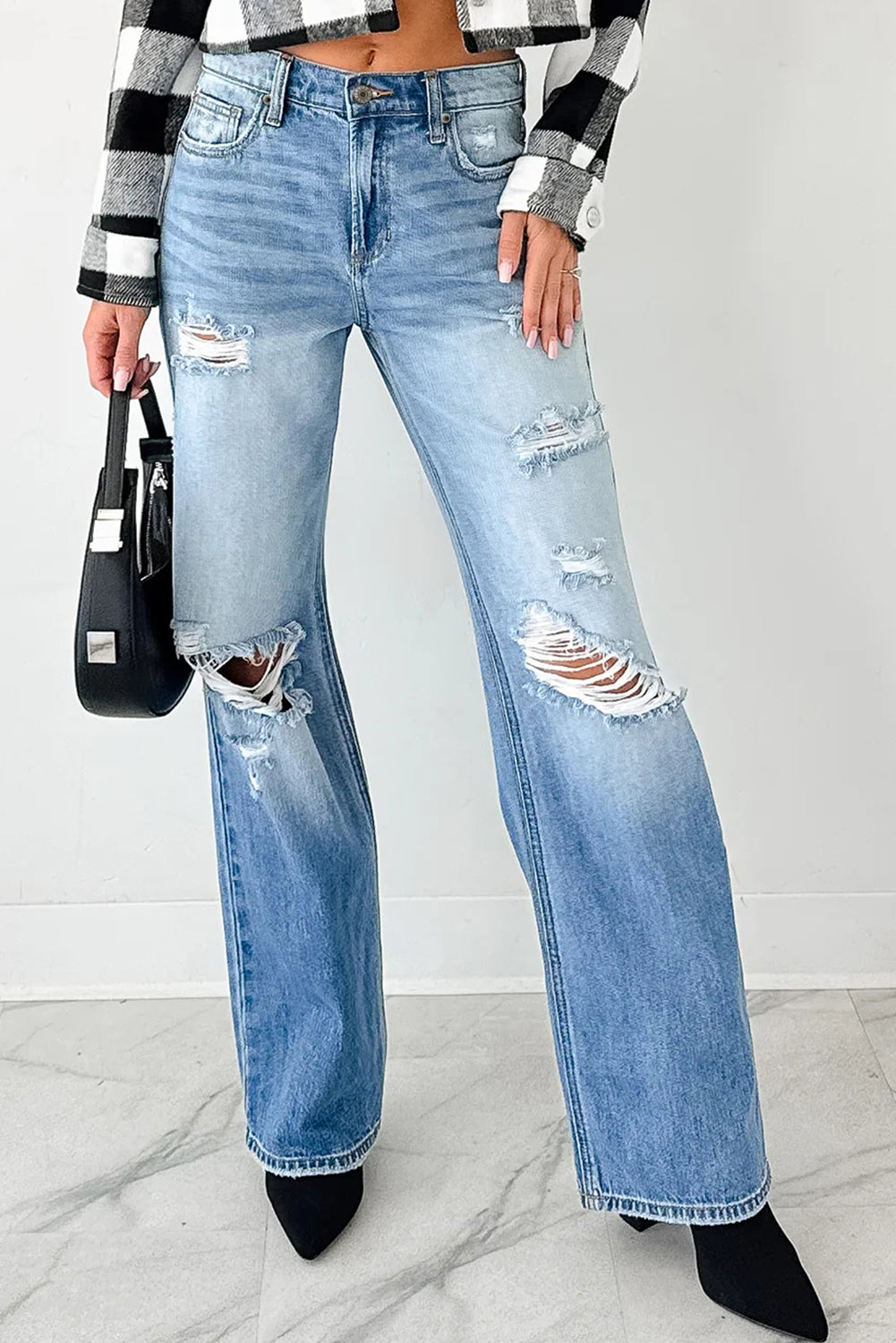 Mid Rise Distressed Straight Leg Jeans