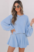 Corded Lantern Sleeve & High Waist Ruffled Mini Skort Set