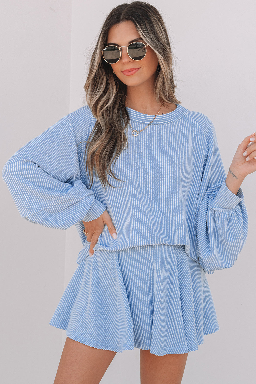 Corded Lantern Sleeve & High Waist Ruffled Mini Skort Set