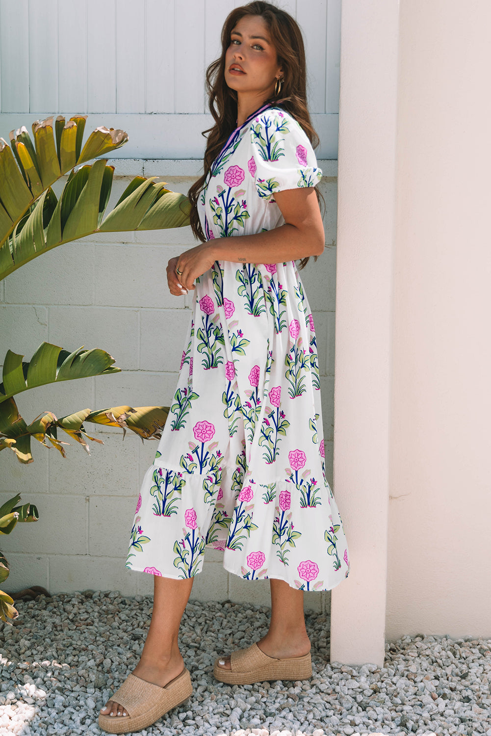 Floral Puff Sleeve V Neck High Waist Maxi Dress