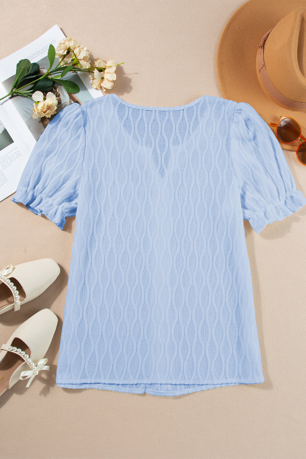 Textured Notched Neck Puff Sleeve Blouse