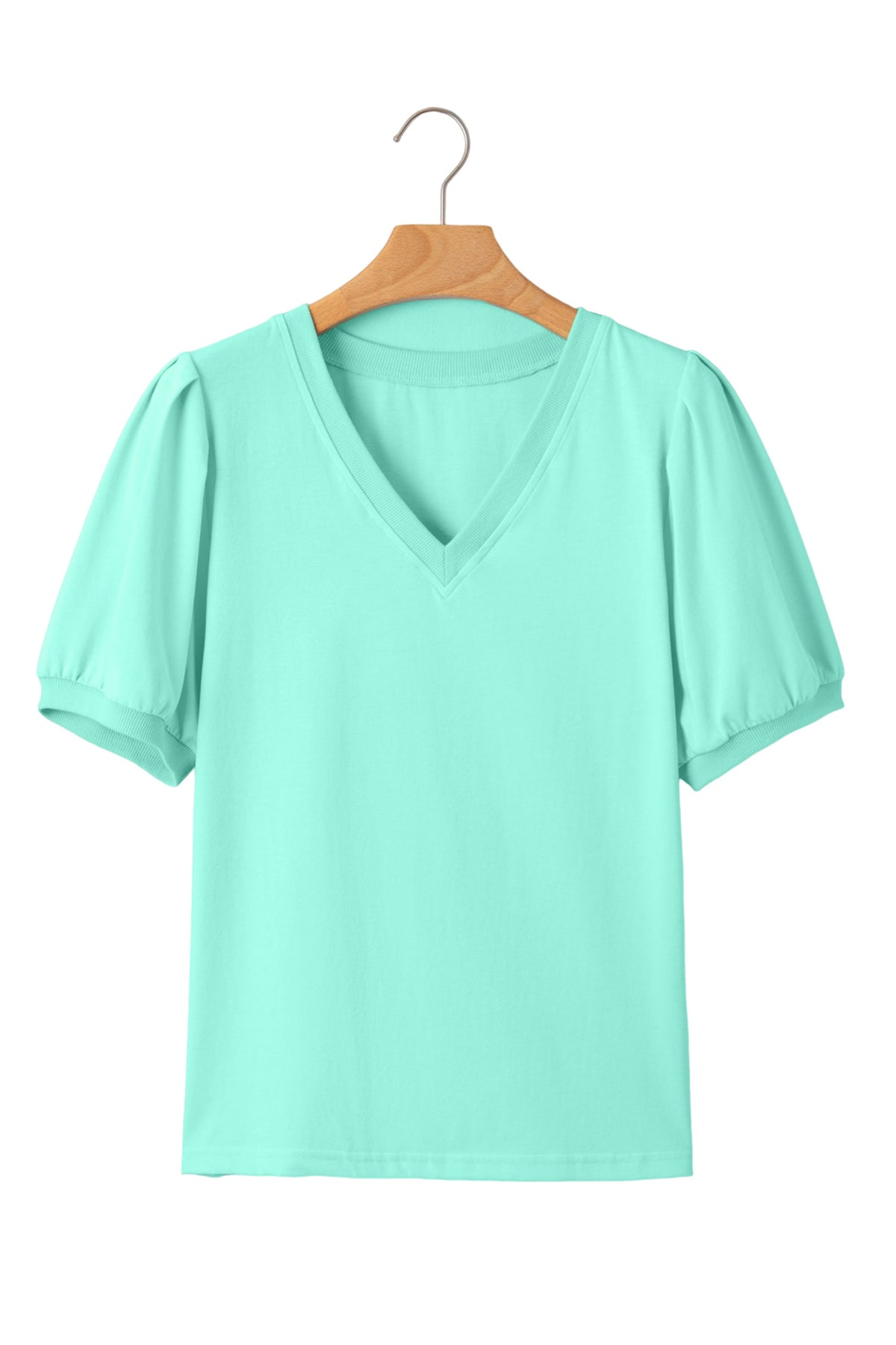 Solid Color V Neck Short Puff Sleeve Blouse