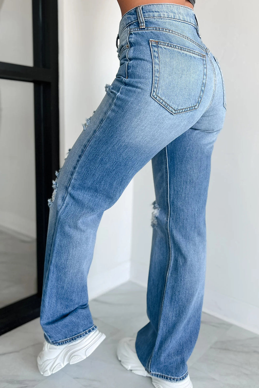 Mid Rise Distressed Straight Leg Jeans